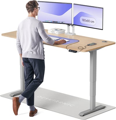 Desktronic HomePro Zit-sta Bureau Elektrisch In Hoogte Verstelbaar, 180x80 cm Bamboo/Grijs, Stille Dubbele Motor, Hoogte 62-126cm