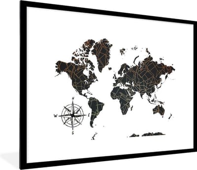 Poster in lijst - Fotolijst 80x60 cm - Posters - Wereldkaart - Abstract - Lijnen - Posterlijst zwart - Decoratie - Wanddecoratie woonkamer - Muurdecoratie slaapkamer