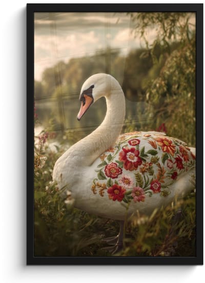 Poster in lijst - Fotolijst 40x60 cm - Posters - Zwaan - Bloemen - Natuur - Posterlijst zwart - Decoratie - Wanddecoratie woonkamer - Muurdecoratie slaapkamer