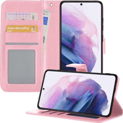 Hoesje - Met Pasjeshouder - Geschikt voor Samsung Galaxy S21 - Luxe Bookcase Portemonee - Flip Case - Kunstleer Book Case - Flipcase - Book Cover - Walletcase - Portemonneehoes - Telefoonhoesjes - Lichtroze