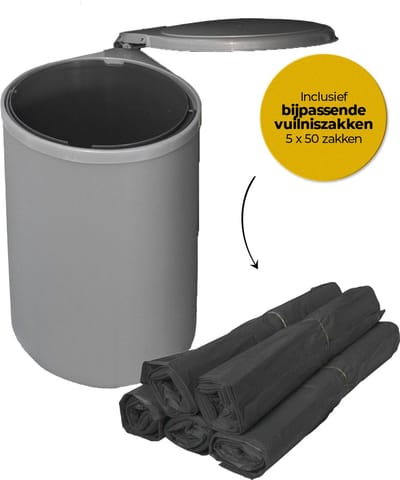 Afvalbak 13 Liter met vuilniszakken – Inbouw Prullenbak – Uittrekbare afvalemmer – Geschikt voor deurbreedte 40 cm, inbouwdiepte 30 cm & Kasthoogte 45 cm – Ø33.5 - Grijs