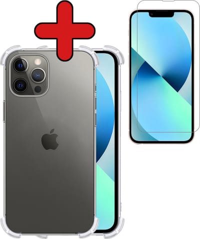 Hoesje - Met Screenprotector - Geschikt voor Apple iPhone 13 Pro - Sterk & Shockproof - Back Cover - Siliconen Case - Telefoon Hoes - Shock Proof - Telefoonhoes - Transparant