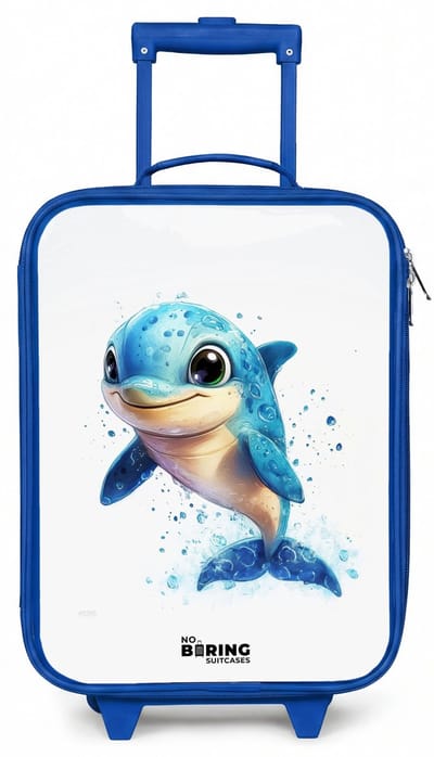 NoBoringSuitcases.com® - Kinderkoffer blauw - Kindertrolley jongen - Blije dolfijn met waterdruppels op wit - Koffer kind lichtgewicht - Reiskoffer trolley voor kinderen - Koffertje met lichtgevende wieltjes - Rolkoffer