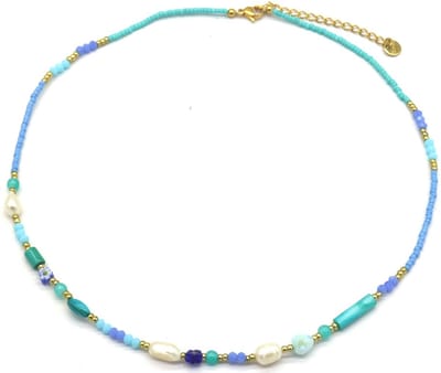 Ketting - Glaskralen en Parels - RVS - Lengte 40-45 cm - Blauw