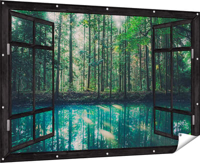Gards Tuinposter Doorkijk Bos bij een Groen Meer - 180x120 cm - Tuindoek - Tuindecoratie - Wanddecoratie buiten - Tuinschilderij