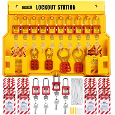 VEVOR Lockout Tagout Kit 58-delig. Scheidingsschakelaar, sluitingen, labels en een veilige opbergtas voor hangsloten voor slot- en labelproducten en elektrische beveiligingsapparatuur.