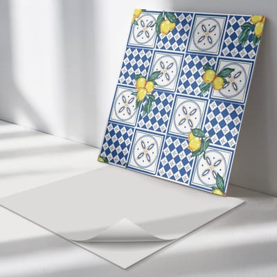 Wallfluent Vinyl Tegels - Citroenmotief op tegels Zelfklevende PVC Tegels - 30 cm x 30 cm - Blauw Vinyl Tegels - Set van 9 - Vierkant PVC Tegels - Texturen Plaktegels - Vinyl Vloer Tegels - Plaktegels Keuken en Badkamer