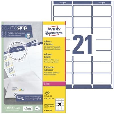 Avery etiketten voor adresse L7160-100, 63,5 x 38,1 mm, 100 vellen