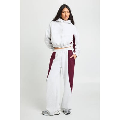 boohoo Dames Tall Contrastpaneel Ritshoodie met Wijde Pijpen Joggingpak | Asgrijs | Maat: Large