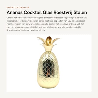 Dailygoods- Cocktailglas 500 ml - Creatieve Ananasvorm - Roestvrij Stalen Beker - Duurzaam Drinkglas - Ergonomisch Ontwerp - Geschikt voor Speciale Gelegenheden - Drankglas
