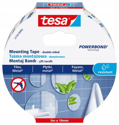 tesa® Powerbond - Dubbelzijdige montageband - Waterbestendig - Voor tegels - Voor metaal - 5m x 19mm