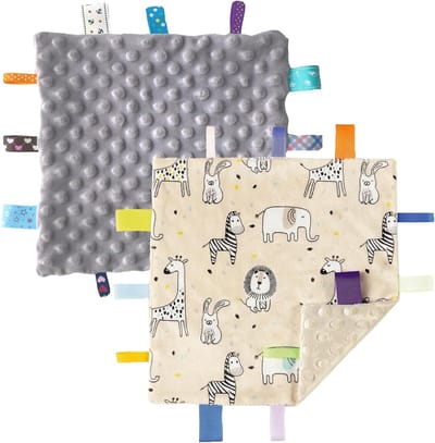 Zachte Sensory Baby Safety Blanket voor Jongens, Grote Cadeaus voor Verjaardag en Baby Shower, 10 x 10 Inch Zoo en Grijs
