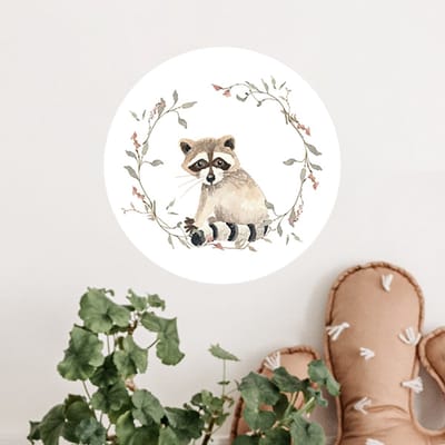 Muurcirkel bosdieren - Ø 20 cm - wit - wasbeer - dieren - Muurcirkel binnen - Wanddecoratie - Forex - Babykamer en kinderkamer
