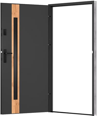 Vente-unique Massieve stalen en roestvrijstalen voordeur, 207 cm hoog x 100 cm breed - rookglas - antraciet en eikenhoutlook - 55 mm dik - linksdraaiend - BRAGA