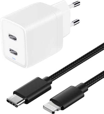 Lange snellader 2 poorten geschikt voor Lightning (iPhone 14/13/12) - 45w Snellader - Usb-C Power Adapter - 1 Meter