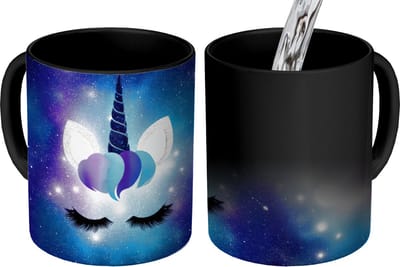 Magische Mok - Foto op Warmte Mokken - Koffiemok - Eenhoorn - Sterren - Magisch - Blauw - Magic Mok - Beker - 350 ML - Theemok