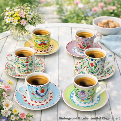 6-delige set SPRING FOLK espressokopjes met schoteltjes, elk 1x bloem (gele rand), bloem (rode rand), geel, groen, roze en blauw van porselein – R0126#SFOL