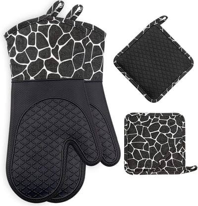 Ovenwanten Bakhandschoenen Antislip Hittebestendige 1 Paar en 2 Pannenlappen (Zwart)