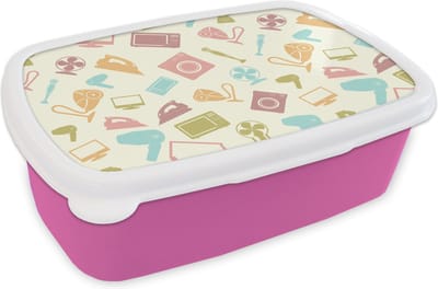 Broodtrommel Roze - Lunchbox - Brooddoos - Patronen - Huishouden - Elektronica - Retro - 18x12x6 cm - Kinderen - Meisje