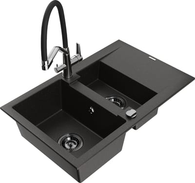Mexen Gaspar granieten gootsteen 1,5-komorige met afdruiprek en Duo keukenkraan, zwart/goud metallic - 6507-75-671701-07-B