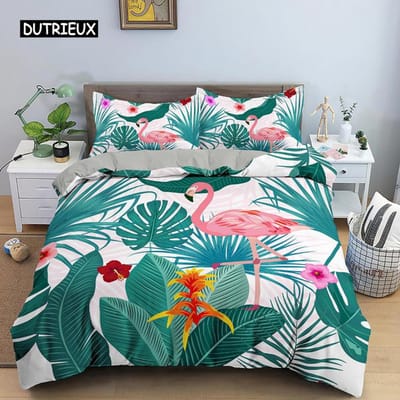 Flamingo Dekbedovertrek Set Paars Tropisch Botanisch Beddengoed Set Koraal Flamingo Zacht Ademend Queen King Polyester Dekbedovertrek EU single(135x200cm)