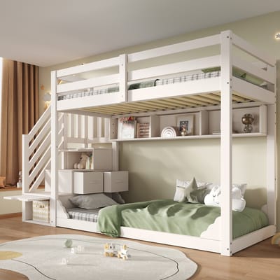 Stapelbed - 90 x 200 cm - Met Trapkast en Opbergruimte - Met Veiligheidshek - Hout - Wit