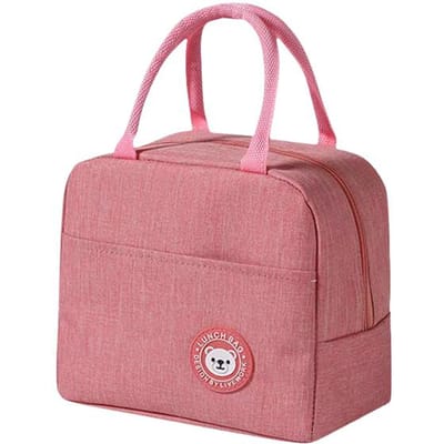 Geïsoleerde Lunchtas met Berenpatroon, Niet-geweven Thermische Bento Draagtas, Handwasbare Rechthoekige Voedseldrager met Ritssluiting Niet-voedselcontact Lunch Bag roze