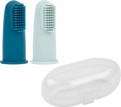 Nattou Silicone - Vingertandenborstel voor Baby Set met Opbergdoosje - 2 Stuks - Blauw