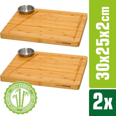 Set van 2: Bamboe Eetplank met Dipschaal - 30x25 cm Houten Steakbord Serveerplank Biefstukbord
