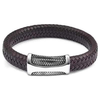 Victorious Leren Armband Heren – Bruin Leer & Zilveren Schubben Sluiting – Bruin/Zilver – 22cm