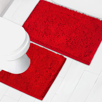 Kerst badkamertapijten chenille badmat 2-delige set, super absorberend, sterke PVC antislip achterkant, badmatten voor badkamer, pluche shaggy, dik, machinewasbaar, badkuip, toilet. (Rood)