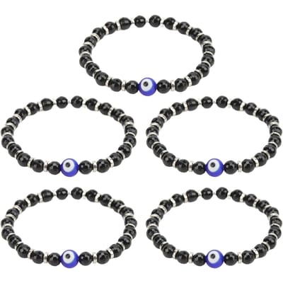 5 Stuks Boze Oog Armband 6MM Prachtige Blauwe Glas Kristal Turkije Boze Oog Kralen Zwarte Elastische Armband Cadeau gray