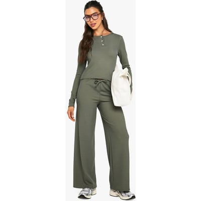 boohoo Dames Rib Button Up Long Sleeve Crop Top And Drawstring Trouser Set | Khaki | Maat: 14