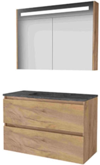 Basic-Line Premium 46 Badkamermeubelset - 100 x 46 cm - Greeploos - 2 Lades - Hardstenen Wastafel - Zonder Kraangat - Spiegelkast met LED Verlichting - Whisky Oak