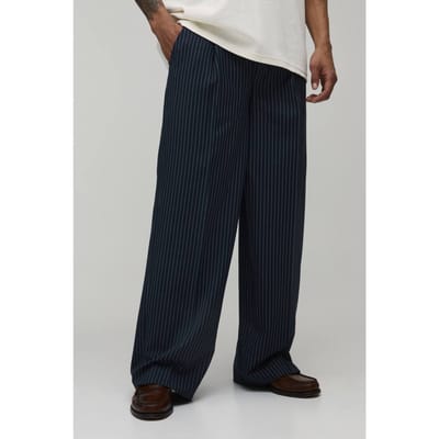 Baggy Fit Krijtstreep Plooifront Gesneden Pantalon | Navy | Size 28