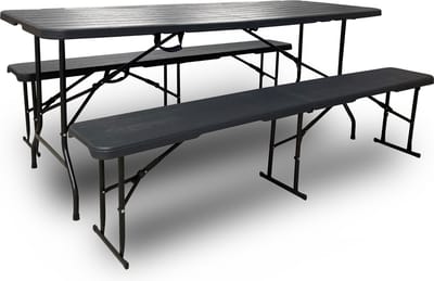 Rijoka Inklapbare Picknicktafel – Houtlook Design – Klaptafel met 2 Klapbanken – Biertafel 6 tot 8 personen – Draagkracht 150kg - Taupe