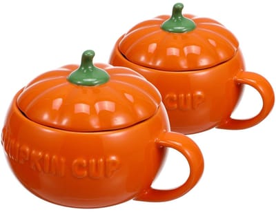 Dailygoods- Pompoen Kopjes Set van 2 - Halloween Servies - Keramische Beker met Deksel - Duurzaam - Magnetronbestendig - Comfortabele Handgreep - Mok