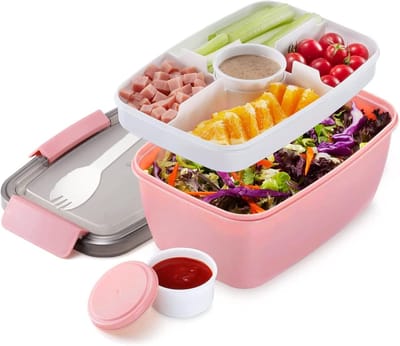 Famanu - Bento Box voor volwassenen, lunchbox met 2 planken en onderverdeelde vakken, saladebox to go, duurzaam, lekvrij, BPA-vrij, broodtrommel met bestek, broodtrommel voor werk en picknick (Pink)