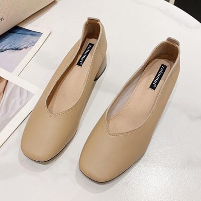 Vierkante Neus Blokhak Pumps Koreaanse Casual Echt Leer Handschoen Schoenen Zachte Zool Instappers Temperament Dames Zachte Leren Schoenen 40 beige