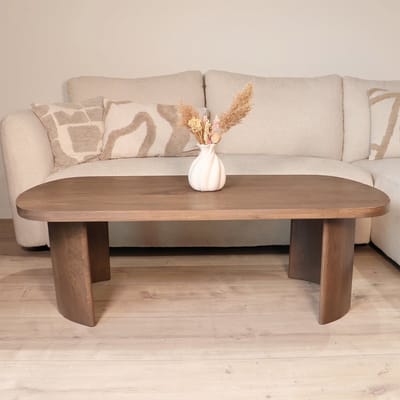 Salontafel Japandi ovaal 130cm walnoot mangohout Rico bijzettafel Japanse stijl