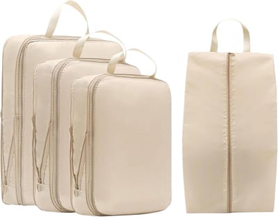 Compressie Verpakking - Reis Organizers - Kleding Opbergen - Dubbele Ritssluiting - 4 Delig Set - Beige