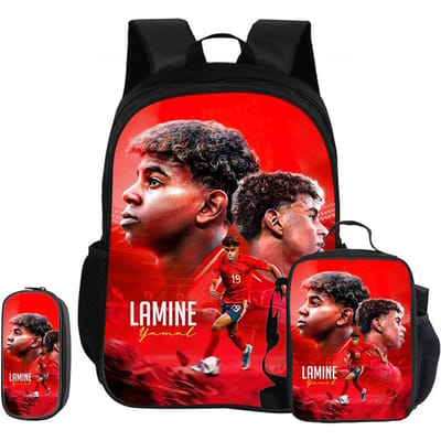 Kinderrugzak L-Lamin Yamal Voetbalster 3-delige Set Schoolrugzak Etui's Boekentas met Lunchtas Sportrugzak Kindercadeau