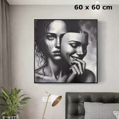 Allernieuwste.nl® Canvas Schilderij Vrouw met Masker Zwart-Wit 60x60 cm – Emotionele Kunst - Muurdecoratie – Wanddecoratie - Poster