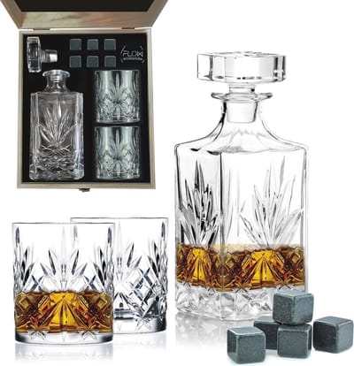 Whisky Decanter en Glazen Cadeauset met Houten Doos | Inclusief 750 ml Whiskykaraf, 2 Glazen en Whiskystenen | Perfecte Whiskey Gift voor Mannen