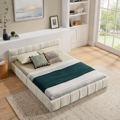 MODFU Tweepersoonsbed – 140x200 cm – Chenille Bekleding – Vierkant Doorgestikt – Hout en IJzer – Beige