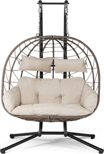 Juskys Polyrotan Dubbele Hangstoel Aria - Beige - Incl. Onderstel & Kussens