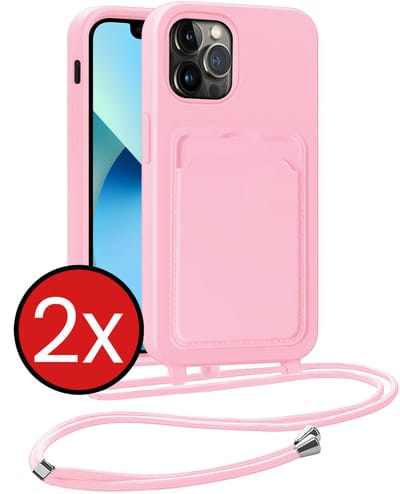 Hoesje Geschikt voor iPhone 13 Pro Hoesje Met Telefoonkoord en Pasjeshouder Siliconen - Hoes Geschikt voor iPhone 13 Pro Hoesje Met Kaarthouder Case - Lichtroze - 2 PACK
