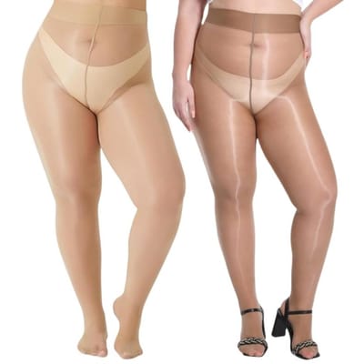 2 Stuks Grote Maten Dames 150Kg Olie Glanzend Transparante Panty's Hoge Taille Glans Zijdezacht Nylon Met Voeten Dansen Panty's Voor Feestkleding 1XL brown