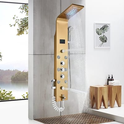 LED-douchepaneel Douchezuil met 6 Massagestralen – Gouden Uitvoering‌ Multifunctioneel Douchepaneel & Hydromassage Systeem