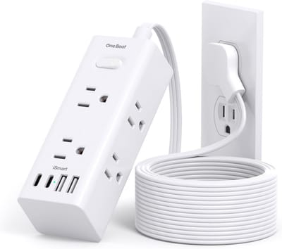 4 m lange verlengkabel met meerdere stopcontacten, platte stekkeroverspanningsbeveiliging met 4 m lange kabel, 6 stopcontacten, 3 USB-poorten (1 USB C), meervoudige stekkerdoos voor op reis